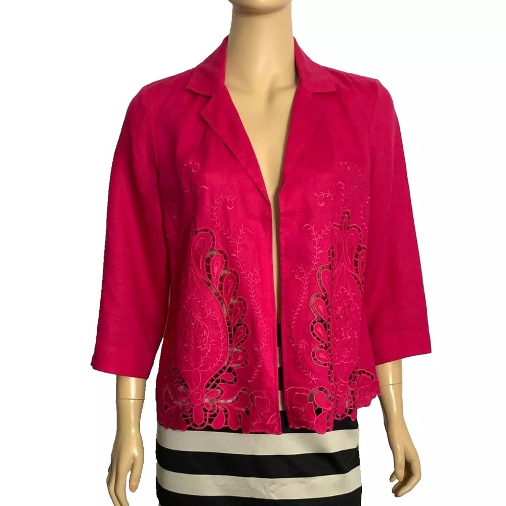 NWT Chico's 1 Novelty Cutwork Linen Jacket Embroidered Raspberry - Picture 7 of 8